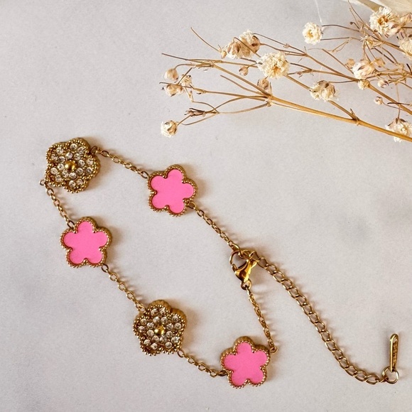 Gold-Toned Stainless Steel Pink & Stones Flower Motif Bracelet - Picture 3 of 3